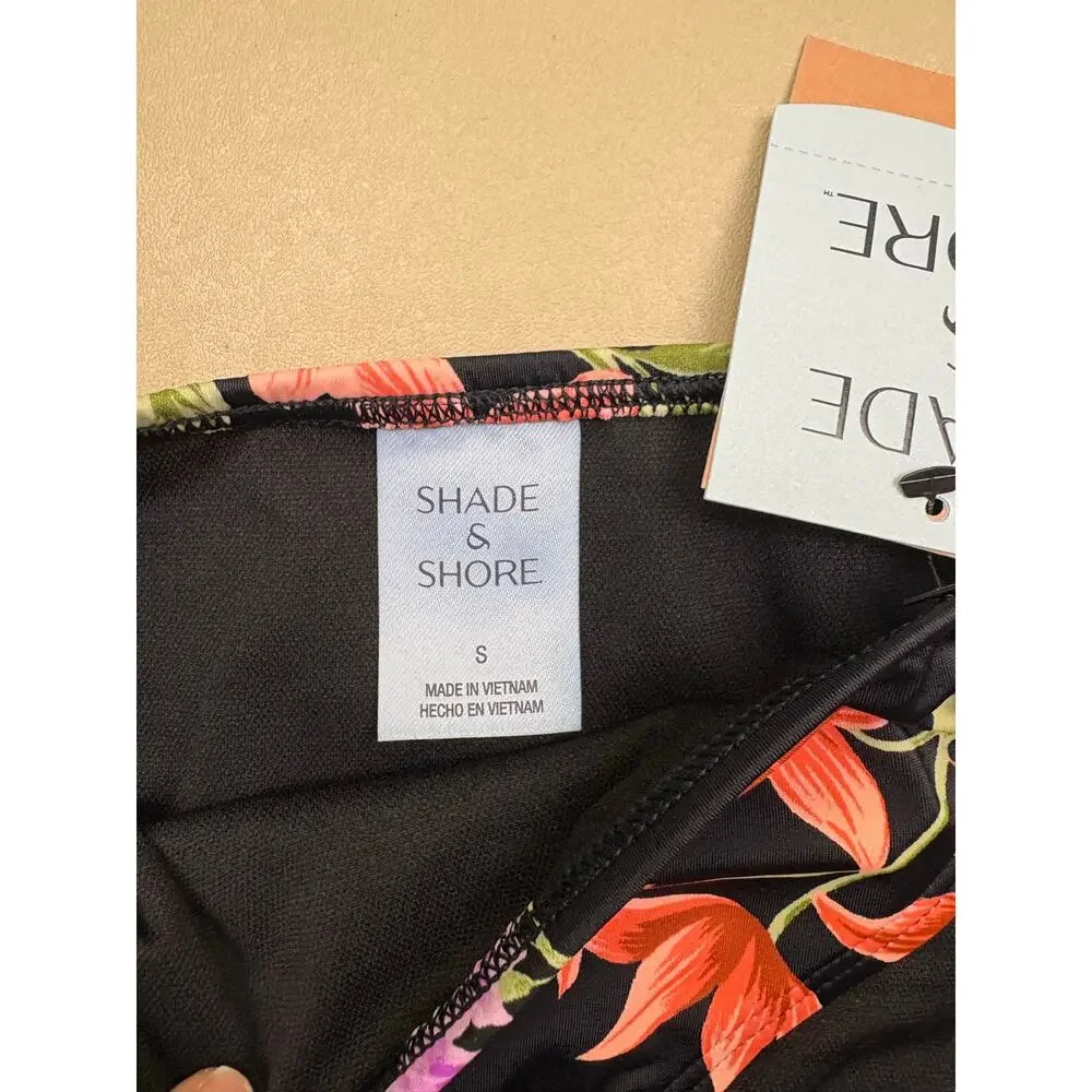 NWT Shade & Shore Bikini Bottoms Black Floral Ring Detail Medium Coverage Small